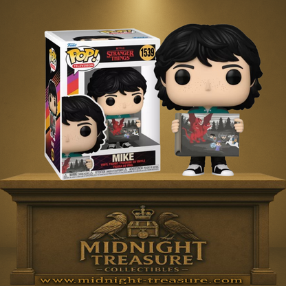 Funko Pop! Stranger Things – Mike (N°1539). Figurine de Mike tenant une illustration Dungeons & Dragons, fidèle à la série.