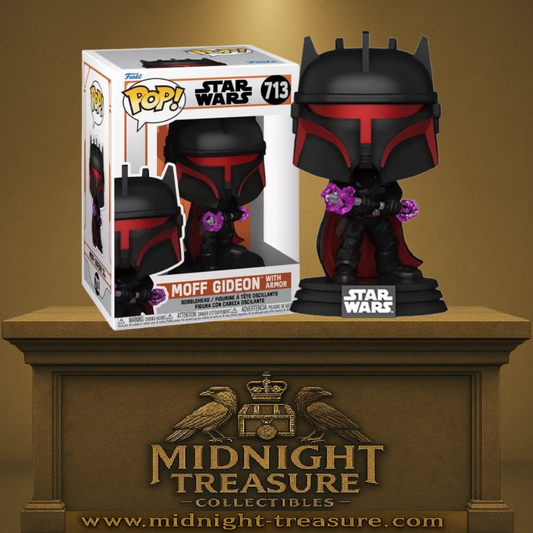 Funko Pop! Star Wars – Moff Gideon (N°713). Figurine en armure mandalorienne noire et rouge, énergie violette dans les mains. Une pièce impressionnante pour les fans de The Mandalorian.