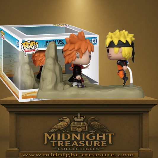 Funko Pop! Moment Naruto Shippuden – Pain vs. Naruto (N°1433). Naruto attiré vers Pain lors de l’arc L’Assaut de Pain, sur un décor représentant les ruines de Konoha.