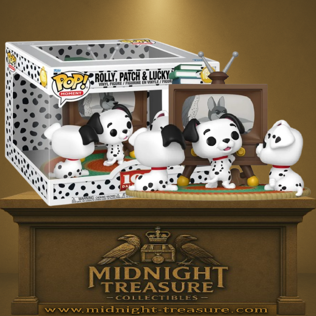 Funko Pop! Moment Les 101 Dalmatiens – Rolly Patch Lucky avec TV (N°1664). Trois chiots dalmatiens devant une télévision rétro.