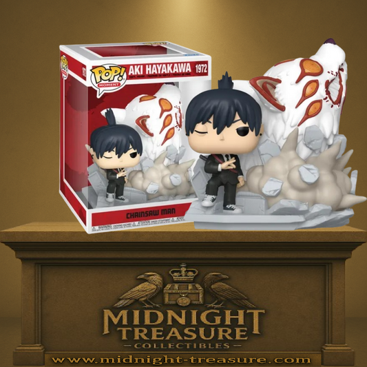 Funko Pop! Moment Chainsaw Man – Aki Hayakawa & Kon (N°1972). Figurine de Aki en uniforme noir invoquant Kon, le démon-renard géant, dans une scène dynamique avec effets de roches. Une pièce spectaculaire et incontournable pour les fans de Chainsaw Man.