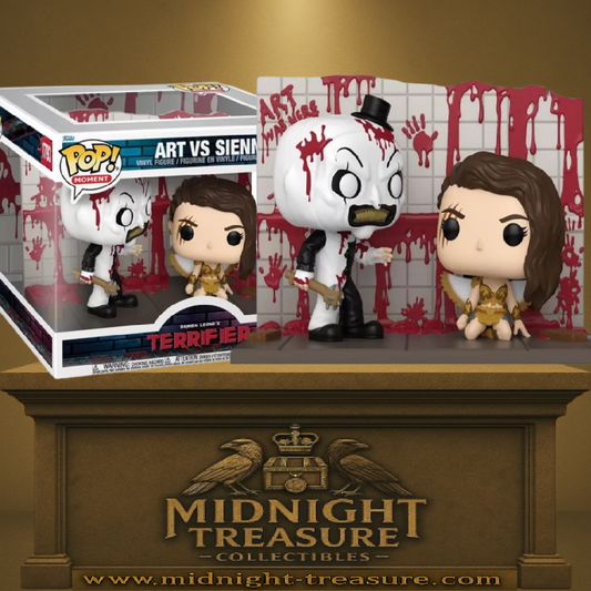 Funko Pop! Moment â Terrifier â Art vs. Sienna (N°1793). Diorama sanglant reprĂ©sentant lâaffrontement culte entre Art le Clown et Sienna. Une piĂšce incontournable pour les fans dâhorreur.