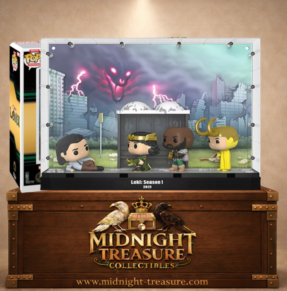 Funko Pop! Moment Deluxe N°06 The Void de Loki avec Loki, Loki alligator, Kid Loki, Loki hâbleur et Loki classique face à Alioth dans le Néant.