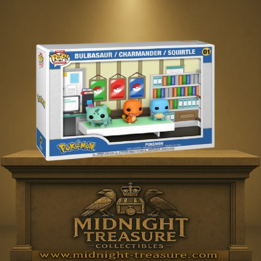 Funko Pop! Moment Deluxe Pokémon Starters 1996 – N°01. Scène culte du laboratoire du Professeur Chen avec Bulbizarre, Salamèche et Carapuce. Une pièce de collection essentielle pour les fans de Pokémon première génération."
