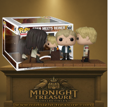 Funko Pop! Moment Attack on Titan – Eren rencontre Reiner (N°1432). Figurines représentant Eren assis face à Reiner et Falco autour d’une table, dans une scène culte de la saison finale. Un set emblématique pour les fans de l’animé.