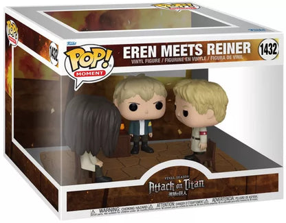 Funko Pop! Moment Attack on Titan – Eren rencontre Reiner (N°1432). Figurines représentant Eren assis face à Reiner et Falco autour d’une table, dans une scène culte de la saison finale. Un set emblématique pour les fans de l’animé.