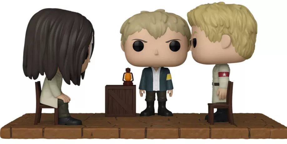 Funko Pop! Moment Attack on Titan – Eren rencontre Reiner (N°1432). Figurines représentant Eren assis face à Reiner et Falco autour d’une table, dans une scène culte de la saison finale. Un set emblématique pour les fans de l’animé.