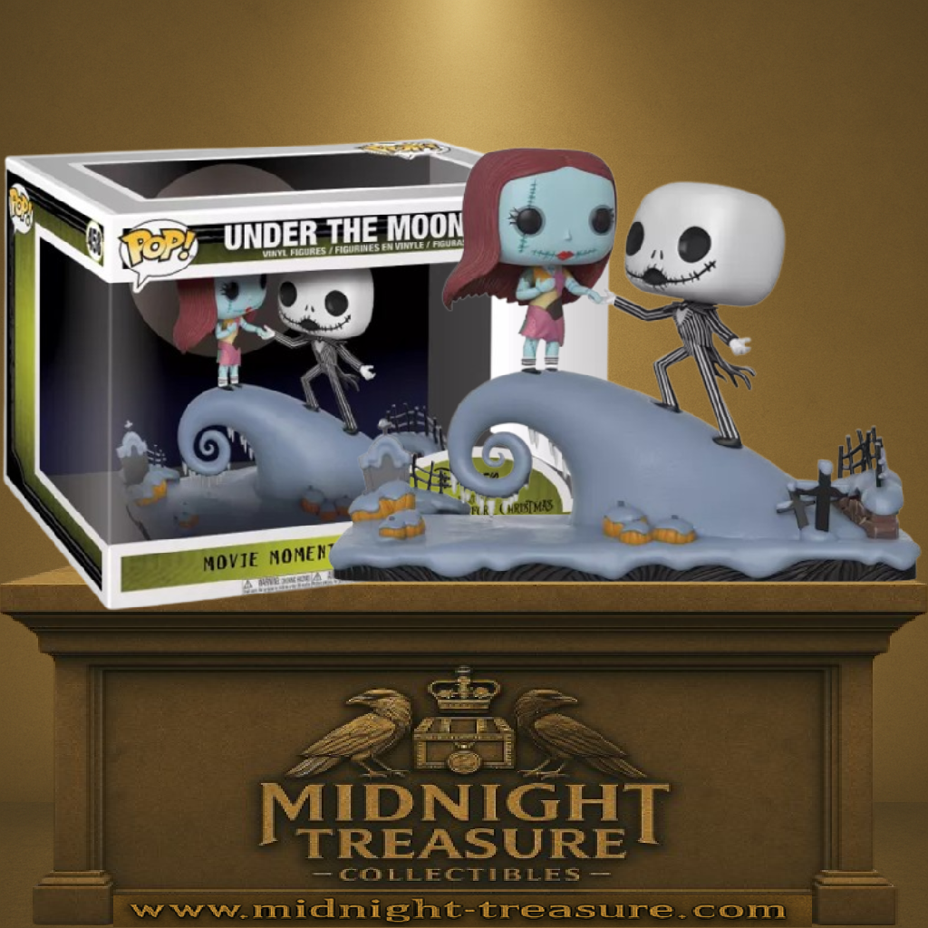 Funko Pop! Moment L’Étrange Noël de Monsieur Jack – Jack Skellington & Sally (N°458). Scène "Under The Moonlight" sur la colline emblématique. Une pièce de collection romantique et gothique.