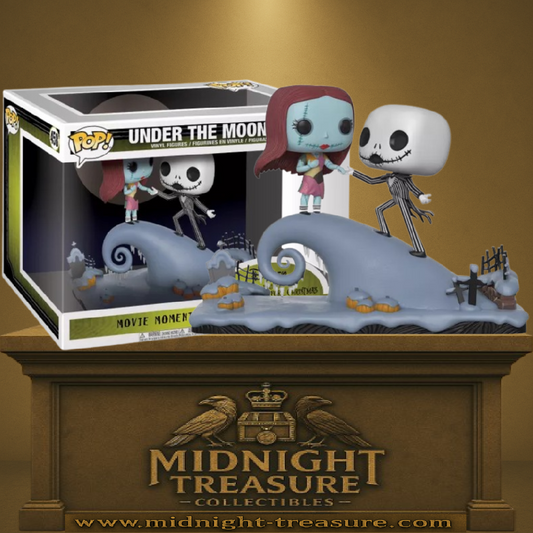 Funko Pop! Moment L’Étrange Noël de Monsieur Jack – Jack Skellington & Sally (N°458). Scène "Under The Moonlight" sur la colline emblématique. Une pièce de collection romantique et gothique.