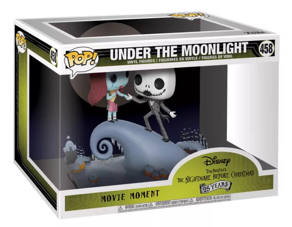Funko Pop! Moment L’Étrange Noël de Monsieur Jack – Jack Skellington & Sally (N°458). Scène "Under The Moonlight" sur la colline emblématique. Une pièce de collection romantique et gothique.