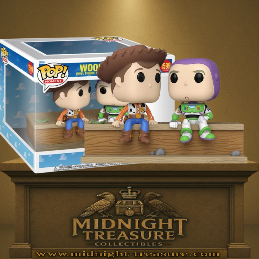 Funko Pop! Moment Toy Story – Woody & Buzz (N°1599). Figurine représentant le shérif et le ranger de l’espace assis côte à côte sur une rambarde en bois. Une pièce nostalgique et culte pour célébrer les 30 ans de Pixar.