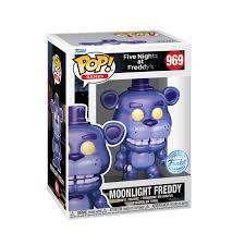 "Funko Pop! Games 969 - Moonlight Freddy (Five Nights at Freddy's). Figurine représentant Freddy Fazbear dans sa version Moonlight, avec un design violet métallique et des yeux lumineux. Parfaite pour les collectionneurs et les fans de la franchise FNaF."