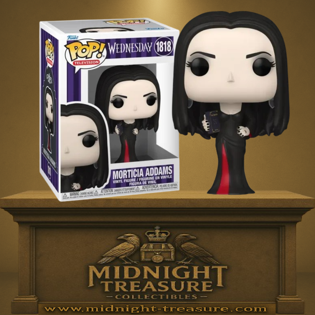 Funko Pop! Wednesday – Morticia Addams (N°1818). Figurine représentant Morticia dans sa robe noire fendue et tenant un livre. Une pièce élégante et gothique pour les fans de la Famille Addams.