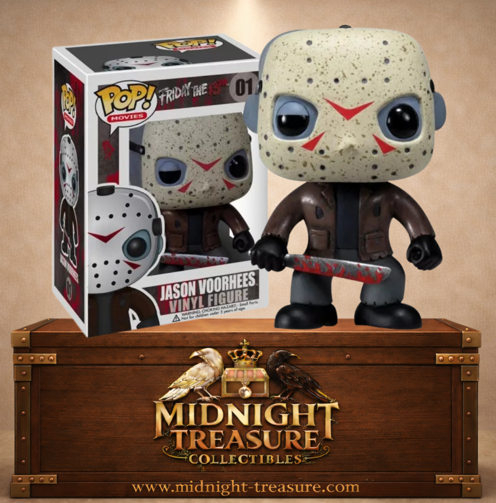 Funko Pop! Movies N°01 – Jason Voorhees de Friday the 13th (Vendredi 13) avec son masque de hockey et sa machette ensanglantée.