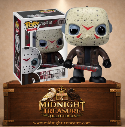 Funko Pop! Movies N°01 – Jason Voorhees de Friday the 13th (Vendredi 13) avec son masque de hockey et sa machette ensanglantée.