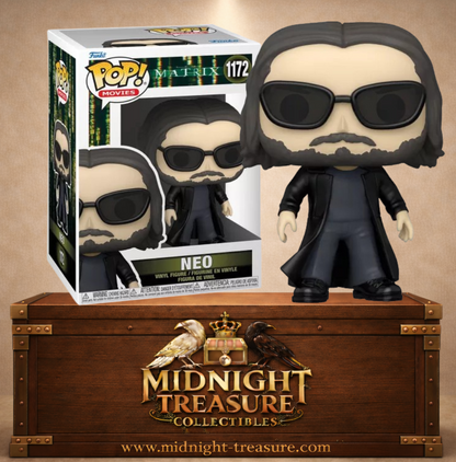 Funko Pop! Movies N°1172 – Neo interprété par Keanu Reeves dans The Matrix Resurrections, avec cheveux longs, barbe, lunettes noires et long manteau.