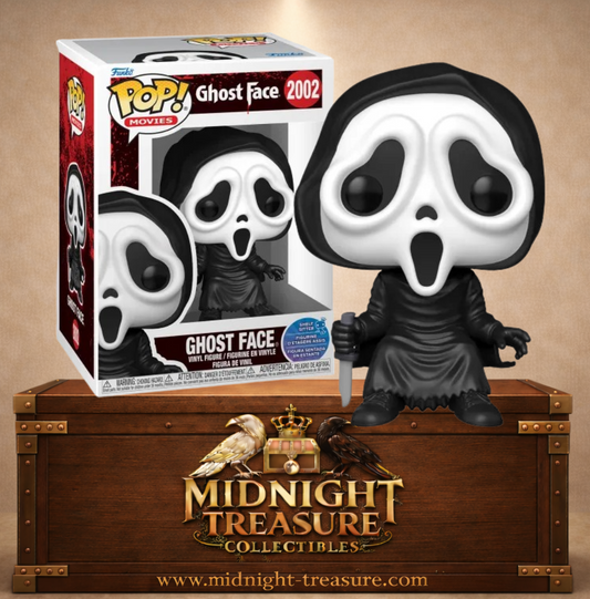 Funko Pop! Movies N°2002 – Ghost Face Shelf Sitter assis avec son couteau, inspiré de la franchise Scream.