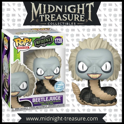 "Funko Pop! Movies – Beetlejuice (1728) – Beetlejuice. Représentation effrayante de Beetlejuice sous sa forme de serpent, avec ses yeux perçants et son sourire sinistre. Une figurine captivante pour les fans de Tim Burton et les collectionneurs de Funko Pop! Movies !"