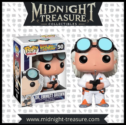 "Funko Pop! Movies – Dr. Emmett Brown (50) – Back to the Future. Figurine représentant le Dr. Emmett Brown avec sa tenue de scientifique, tenant la télécommande de la DeLorean. Un must-have pour les fans de Retour vers le Futur et les collectionneurs de Funko Pop! Movies !"

