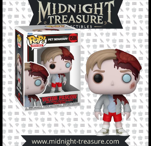 Funko Pop! Movies 1586 - Victor Pascow (Pet Sematary). Figurine terrifiante représentant Victor Pascow avec son crâne ensanglanté et son regard spectral. Une pièce incontournable pour les fans d’horreur et de Stephen King." 