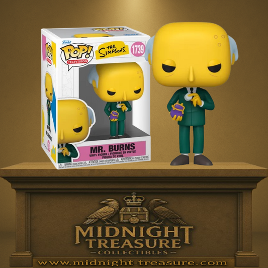 Funko Pop! The Simpsons – Mr. Burns (N°1739). Figurine en costume vert tenant un porte-monnaie violet, avec son expression sournoise caractéristique. Une pièce culte pour les fans de la série.