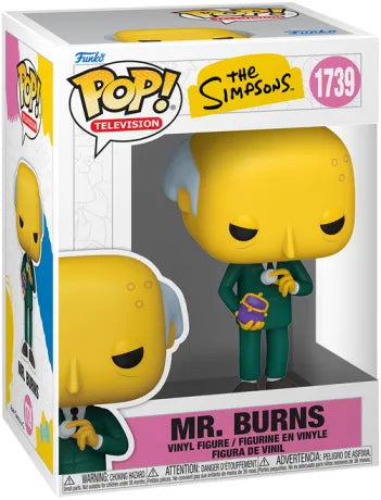 Funko Pop! The Simpsons – Mr. Burns (N°1739). Figurine en costume vert tenant un porte-monnaie violet, avec son expression sournoise caractéristique. Une pièce culte pour les fans de la série.