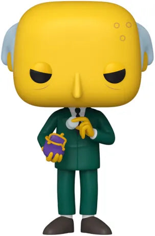 Funko Pop! The Simpsons – Mr. Burns (N°1739). Figurine en costume vert tenant un porte-monnaie violet, avec son expression sournoise caractéristique. Une pièce culte pour les fans de la série.