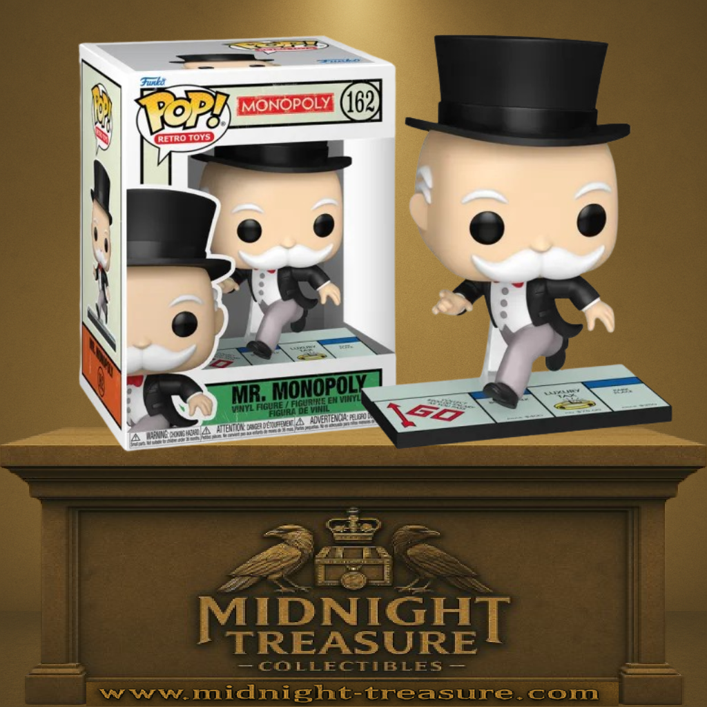 Funko Pop! Monopoly – Mr. Monopoly (N°162). Figurine représentant le personnage du Monopoly sur une case de plateau, en costume noir et haut-de-forme. Une Pop! rétro et élégante pour les fans du jeu culte.