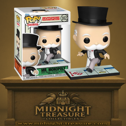 Funko Pop! Monopoly – Mr. Monopoly (N°162). Figurine représentant le personnage du Monopoly sur une case de plateau, en costume noir et haut-de-forme. Une Pop! rétro et élégante pour les fans du jeu culte.