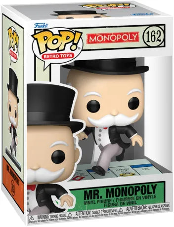 Funko Pop! Monopoly – Mr. Monopoly (N°162). Figurine représentant le personnage du Monopoly sur une case de plateau, en costume noir et haut-de-forme. Une Pop! rétro et élégante pour les fans du jeu culte.