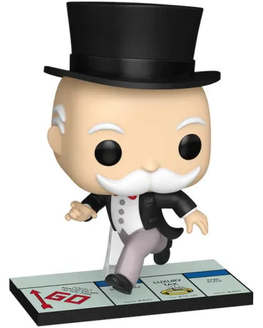 Funko Pop! Monopoly – Mr. Monopoly (N°162). Figurine représentant le personnage du Monopoly sur une case de plateau, en costume noir et haut-de-forme. Une Pop! rétro et élégante pour les fans du jeu culte.