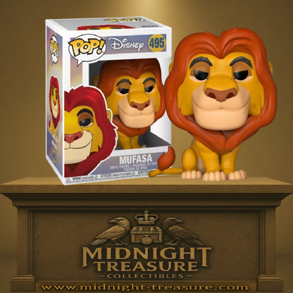 Funko Pop! Disney – Le Roi Lion – Mufasa (N°495). Figurine détaillée de Mufasa assis, crinière rouge et regard noble.