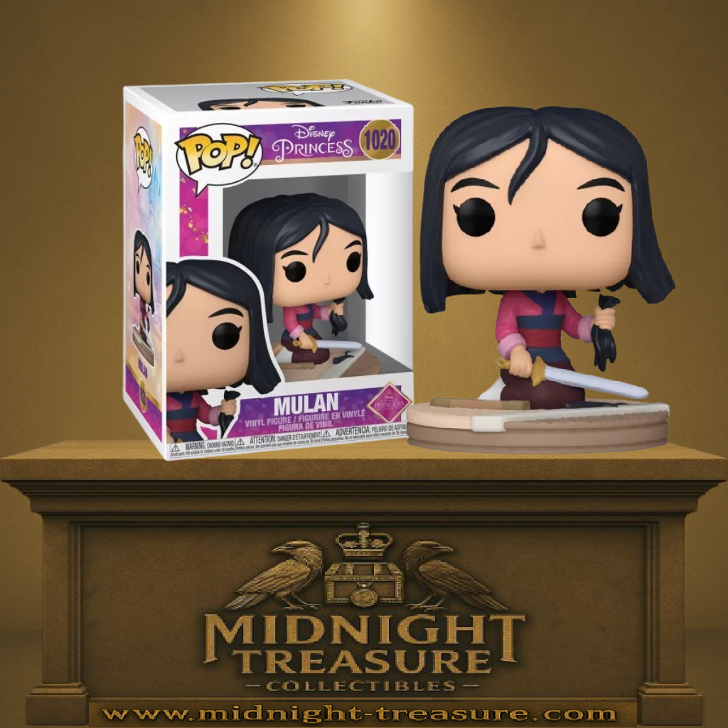 Funko Pop! Disney Princess – Mulan (N°1020). Mulan coupant ses cheveux avec l’épée familiale, scène iconique du film. Figurine détaillée et symbolique pour les fans de Disney.