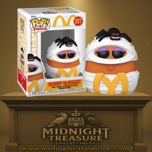 Funko Pop! McDonald’s – Mummy McNugget (N°207). Figurine représentant un McNugget déguisé en momie avec une araignée noire sur la tête. Une pièce rétro et fun pour les fans de McDonald’s.