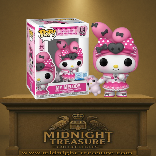 Funko Pop! Sanrio – My Melody 50th Anniversary (N°114). Figurine kawaii de My Melody en tenue rose et blanche festive avec peluche assortie. Une édition spéciale incontournable pour les fans de Sanrio.