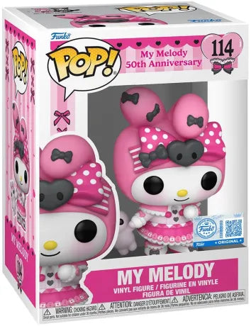 Funko Pop! Sanrio – My Melody 50th Anniversary (N°114). Figurine kawaii de My Melody en tenue rose et blanche festive avec peluche assortie. Une édition spéciale incontournable pour les fans de Sanrio.