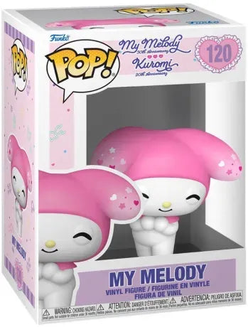 Funko Pop! Sanrio – My Melody (N°120, Kuromi 20th Anniversary). Figurine kawaii de My Melody avec son capuchon rose décoré d’étoiles et cœurs. Une pièce adorable pour tous les fans de Sanrio.