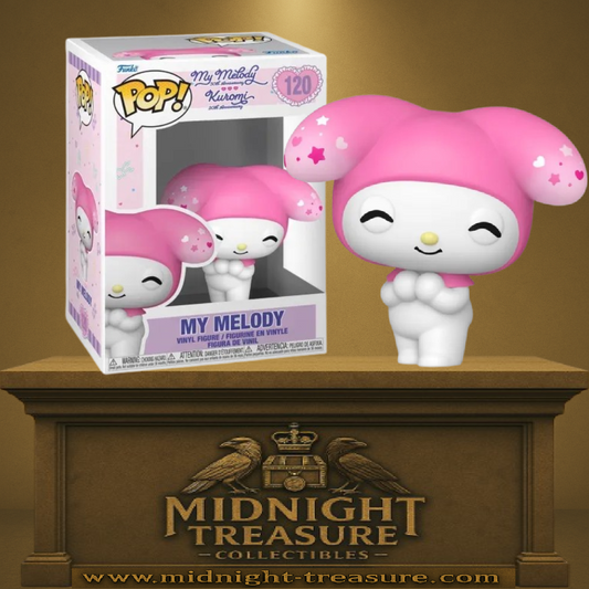 Funko Pop! Sanrio – My Melody (N°120, Kuromi 20th Anniversary). Figurine kawaii de My Melody avec son capuchon rose décoré d’étoiles et cœurs. Une pièce adorable pour tous les fans de Sanrio.