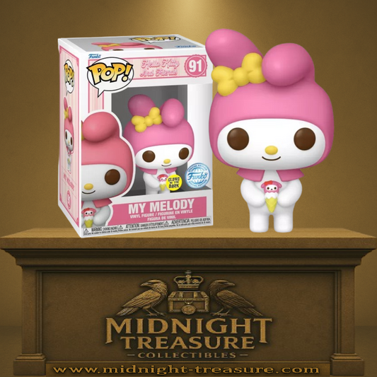 Funko Pop! Hello Kitty and Friends – My Melody (N°91, Glow in the Dark). Figurine kawaii avec cagoule rose, nœud jaune et glace décorée à son effigie. Une version exclusive phosphorescente et adorable.
