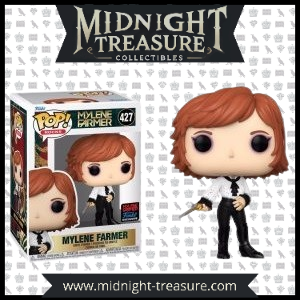 Figurine Funko Pop! Mylène Farmer (427) en édition exclusive, portant une chemise blanche avec nœud noir, un pantalon en cuir et tenant un pistolet doré