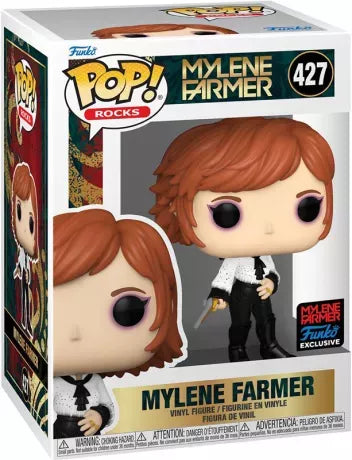 Figurine Funko Pop! Mylène Farmer (427) en édition exclusive, portant une chemise blanche avec nœud noir, un pantalon en cuir et tenant un pistolet doré