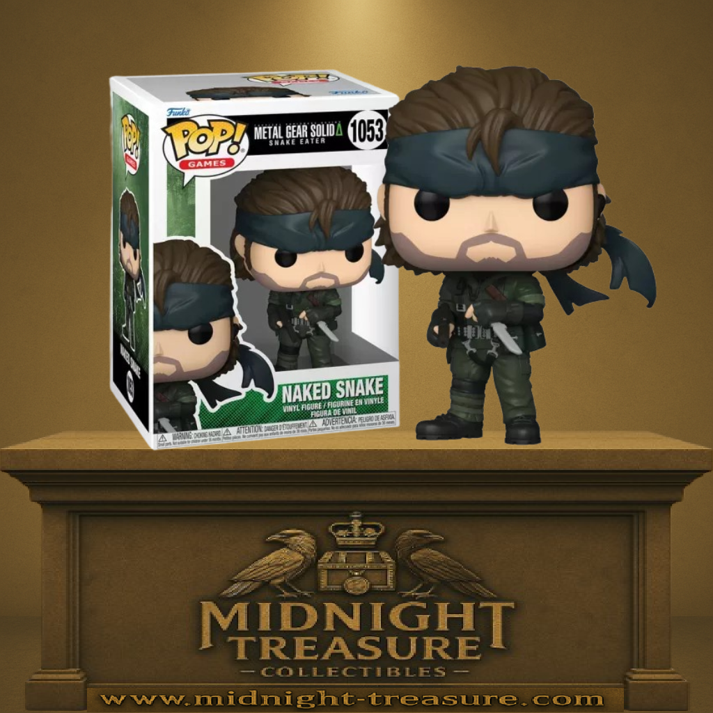 Funko Pop! Metal Gear Solid – Naked Snake (N°1053). Figurine du héros en tenue d’infiltration avec son bandeau et couteau de survie, inspirée de Snake Eater.