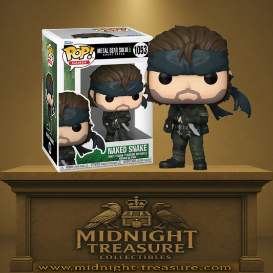 Funko Pop! Metal Gear Solid – Naked Snake (N°1053). Figurine du héros en tenue d’infiltration avec son bandeau et couteau de survie, inspirée de Snake Eater.