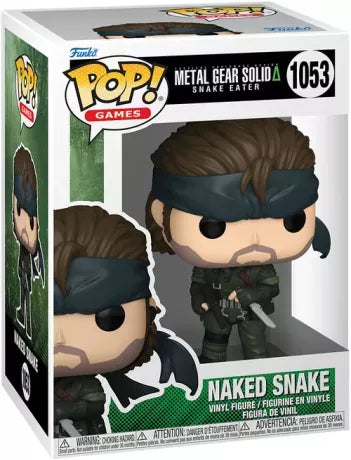 Funko Pop! Metal Gear Solid – Naked Snake (N°1053). Figurine du héros en tenue d’infiltration avec son bandeau et couteau de survie, inspirée de Snake Eater.
