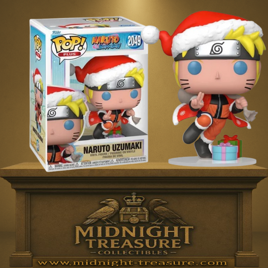 Funko Pop! Naruto Shippuden – Naruto Uzumaki Christmas (N°2049). Figurine représentant Naruto avec son manteau rouge de Noël, son bonnet et ses cadeaux festifs. Une édition spéciale parfaite pour les fans de Naruto et les fêtes.