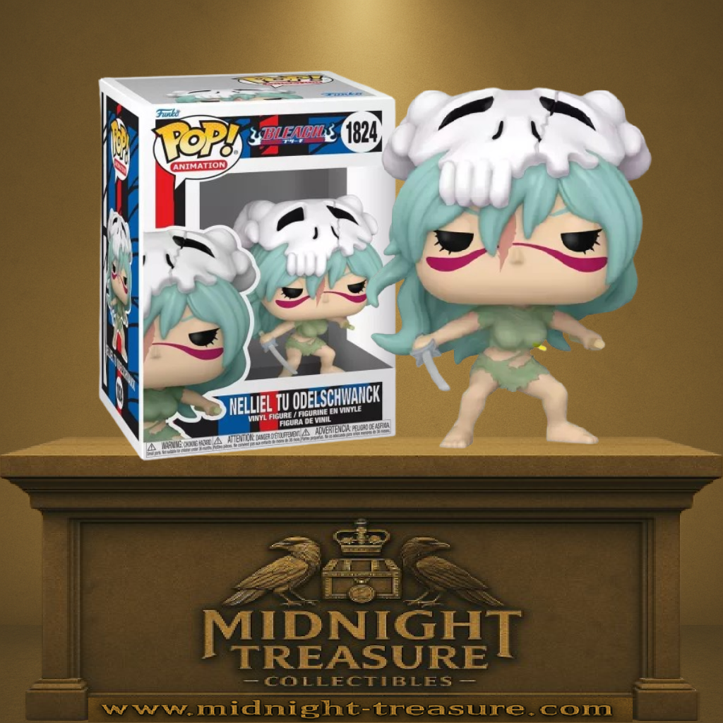 Funko Pop! Bleach – Nelliel Tu Odelschwanck (N°1824). Figurine avec cheveux turquoise, masque d’Arrancar fissuré et tenue de combat déchirée. Un must-have pour les fans de Bleach.