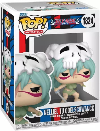 Funko Pop! Bleach – Nelliel Tu Odelschwanck (N°1824). Figurine avec cheveux turquoise, masque d’Arrancar fissuré et tenue de combat déchirée. Un must-have pour les fans de Bleach.