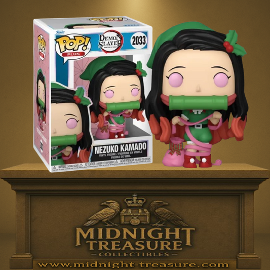 Funko Pop! Demon Slayer – Nezuko Kamado Christmas Edition (N°2033). Nezuko en tenue de Noël verte et rouge tenant un sac de cadeaux. Une version festive incontournable pour les fans de Demon Slayer.