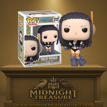 Funko Pop! One Piece – Nico Robin Egghead (N°2137). Robin en tenue futuriste noire avec bottes violettes et casque technologique. Figurine détaillée pour les fans de One Piece.