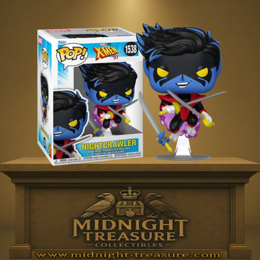 Funko Pop! X-Men â97 â Nightcrawler / Diablo (N°1538). Figurine dynamique du mutant bleu en pleine tĂ©lĂ©portation, avec sabres et costume rouge et noir.